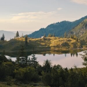 Lake Reflections - Tranquil mountain lake surrounded by lush forest #18062747