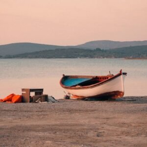 Beach Scenery - A serene boat scene on Urla's beach in İzmir, Tü #19887096