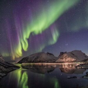 Lake Reflections - Beautiful aurora borealis over a snow-capped mou #2113566